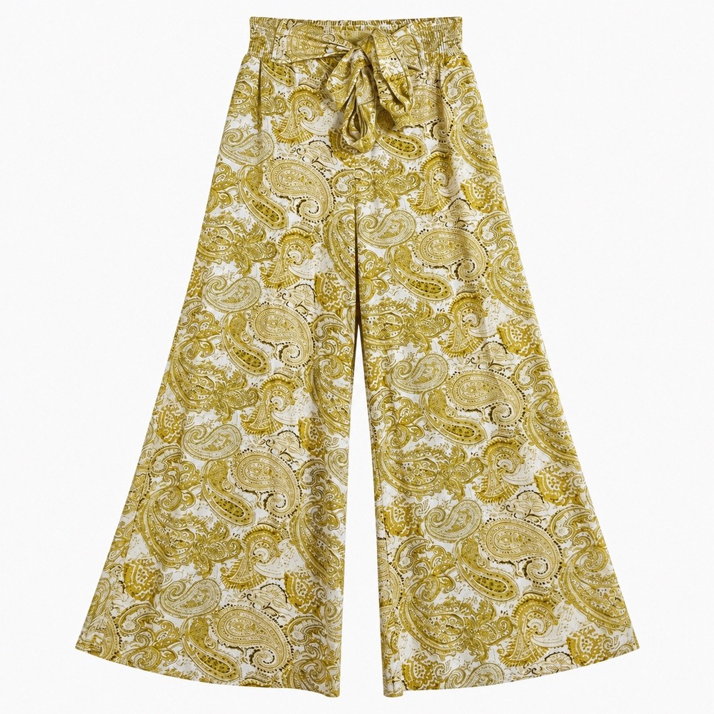 Phax Swim Paisley Wide Leg Smocked Waist Tie Beach Pants Yellow White Size L